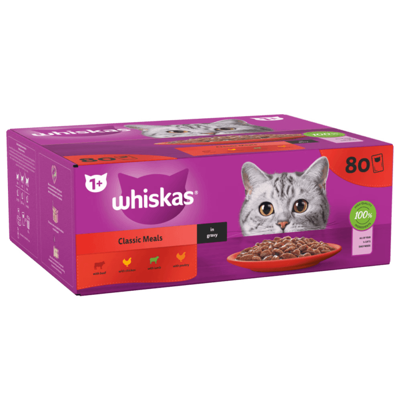 WHISKAS® 1+ Classic Meals Adult Wet Cat Food Pouches in Gravy 80 x 85g