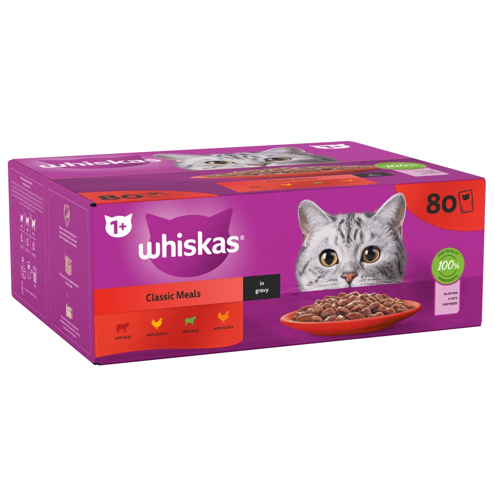 WHISKAS® 1+ Classic Meals Adult Wet Cat Food Pouches in Gravy 80 x 85g