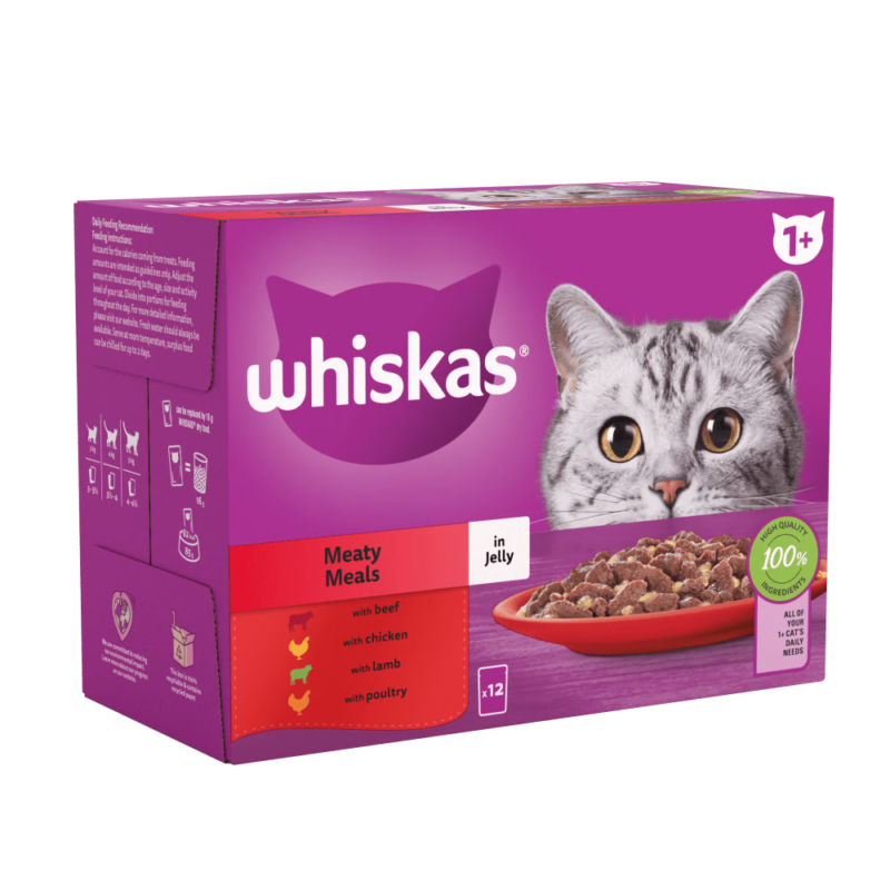 WHISKAS® 1+ Meaty Meals Adult Wet Cat Food Pouches in Jelly 12 x 85g